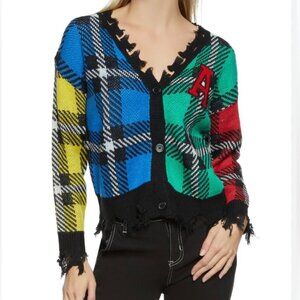 Runway 7 Distressed Color Block Plaid Cardigan Sweater